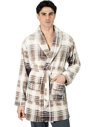 Harmony Χειμωνιάτικη Ανδρική Ρόμπα Fleece Καρό Μπεζ 809319