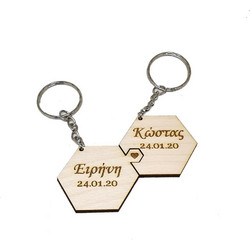 Ξύλινα Μπρελόκ για ερωτευμένους με επιλογή ονομάτων και ημερομηνίας (σετ 2 τεμ.) Κωδ.16146