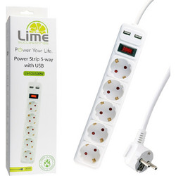 LIME ΠΟΛΥΠΡΙΖΟ 5 ΣΟΥΚΟ + 2 USB 3.5A LS-52US30W ΜΕ ΔΙΑΚΟΠΤΗ - ΠΑΙΔΙΚΗ ΠΡΟΣΤΑΣΙΑ ΥΠΕΡΤΑΣΗΣ & ΥΠΕΡΦΟΡΤΩΣΗΣ (3x1.5mm2) 3.0m ΑΣΠΡΟ