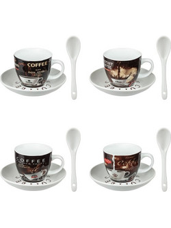 Σετ 4 Φλυτζάνια Καφέ Πορσελάνη Σχέδιο Coffee με Πιατάκια &amp Κουταλάκια 175 ml