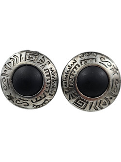 Antique ασημί σκαλιστά κυκλικά clip σκουλαρίκια με μαύρες ματ χάντρες - StudioAccessori