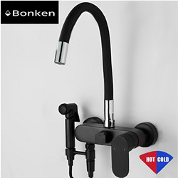 Bonken ΗΤ-1501 Μπαταρία Κουζίνας Τοίχου Τριπλής Παροχής Σπαστή Ανάμεικτη με Ντουζ Μαύρη
