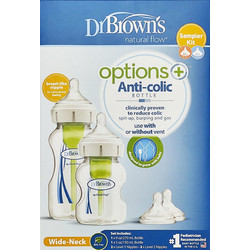 Dr. Brown's Natural Flow Options+ Wide Σετ Πλαστικά Μπιμπερό με Θηλή Σιλικόνης κατά των Κολικών 0m+ 1x270ml + 1x150ml + 2 Θηλές + Βούρτσα Καθαρισμού
