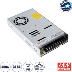 GLOBOSTAR(R) MEANWELL-LRS450-12 90786 Τροφοδοτικό/Μετασχηματιστής Class I PELV 450W 37.5A AC 220-240V σε DC 12V IP20 - Ρυθμιζόμενo από DC 10.2V έως DC 13.8V - Ασημί - Μ22.5 x Π12.4 x Υ3.5cm