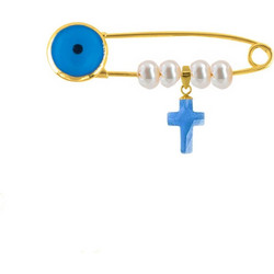 Παραμάνα με σταυρό χρυσό Κ18 με blue topaz και μαργαριτάρι - G125917