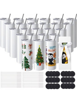 VEVOR 24 Pack Straight Sublimation Tumblers, 591,5 ml Blank Tumbler Bulk, από ανοξείδωτο χάλυβα διπλού τοιχώματος ποτηράκια με άχυρο, καπάκι, βούρτσα, βάση, συρρικνωμένο περιτύλιγμα, κουτί δώρου, για