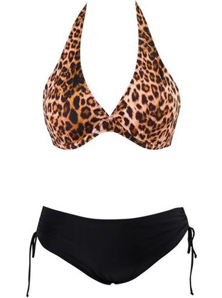 MODERN OCEAN Σετ Plus Size Γυναικείο Leopar Μπικίνι Κορδονακια Polyester Καφέ - Μαύρο
