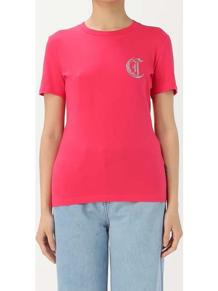 JUST CAVALLI T-SHIRT ΡΟΖ ΜΕ ΣΤΡΟΓΓΥΛΗ ΛΑΙΜΟΚΟΨΗ 100% ΒΑΜΒΑΚΙ ΚΑΝΟΝΙΚΗ ΓΡΑΜΜΗ