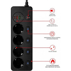 Πολύμπριζο TU-XIN Surge Arrest 4 Schuko outlets + 2 USB Quick Charge Master Overload Black (TX-6EU-USB-B)