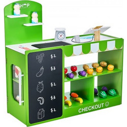VEVOR Kids μπακάλικο Playset, Ξύλινη βάση Play Market με τσάντα για ψώνια, Kids Supermarket Pretend Play Store με ιμάντα μεταφοράς, σαρωτής, ταμειακή μηχανή, ρεαλιστική ζυγαριά, δώρο για αγόρια και κο