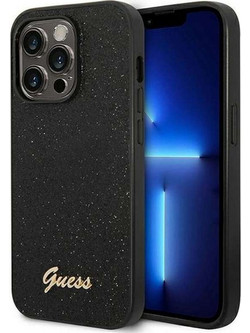 Guess Glitter Flakes Script Metal Logo Back Cover Black (iPhone 14 Pro)