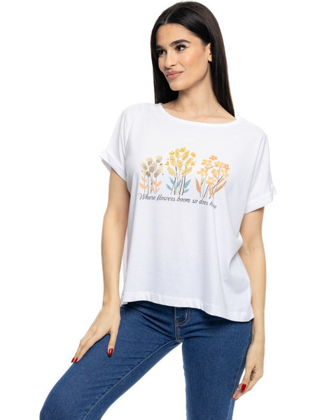B&apos, Γυναικείο t-shirt με τύπωμα &apos,&apos,FLOWERS&apos,&apos, 53-106-015 020 WHITE