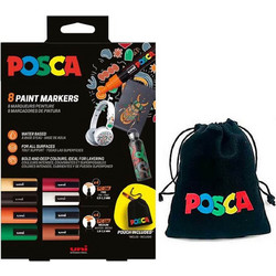 Μαρκαδόροι Σχεδίου Uni Posca PC3M, PC5M με πάχος μύτης 0.9-1.3mm, 1.8-2.5mm & Πάνινο Πουγκί - 9 τεμάχια