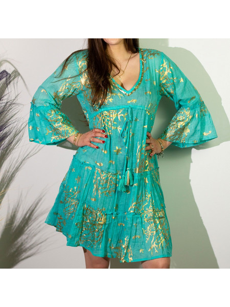 Nomad Sari On the Med Turquoise & Gold Coral Print Dress (M/L)