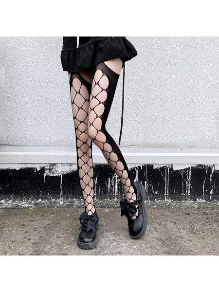 Fishnet Stockings with Garter Belt Effect, Black, S-L