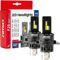 AMIO Amio - Λαμπτήρες LED F25 PRO Black Edition H4/H19 70W 12-24V Full CAN Bus με Φωτεινότητα 8000lm σε Ψυχρό Λευκό 6000K για Επιβατικά Αυτοκίνητα & Φορτηγά - Σετ 2 τεμ. (04719/AM) 04719/AM