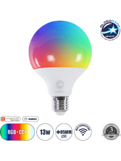 GLOBOSTAR(R) SMARTME 60491 Λάμπα E27 G95 Smart Home WiFi με Λειτουργία μέσω Tuya APP LED 13W 1300lm 260 AC 220-240V IP20 Πολύχρωμο RGBW+WW Dimmable - Bridgelux Chip - Μ9.5 x Π9.5 x Υ13.5cm