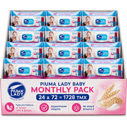 PIUMA LADY BABY - Υγρά μαντηλάκια με άρωμα τάλκ & βρώμη, Monthly Pack 72 τεμάχια x 24 (1728τμχ)