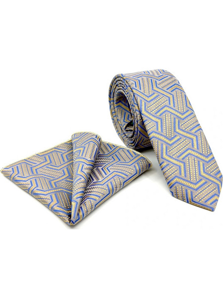 Γκρι-Χρυσαφί Σχεδιαστική Γραβάτα Microfiber Σετ με Μαντήλι 6,5 cm