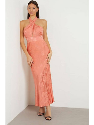 Guess Aubree Maxi Καλοκαιρινό Βραδινό Φόρεμα Σατέν Πορτοκαλί W4GK60WFDF0-G6S1