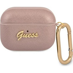 Guess Saffiano Script Metal Collection Θήκη από Δερματίνη με Γάντζο για Apple AirPods Pro 1 Ροζ