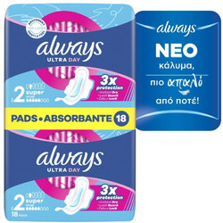 Always Ultra Day Super Μέγεθος 2 Σερβιέτες με Φτερά για Αυξημένη Ροή 5 Σταγόνες 18τμχ