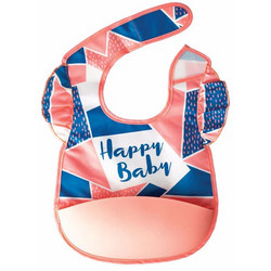 Tiny Twinkle Happy Baby Αδιάβροχη Σαλιάρα Υφασμάτινη με Αυτοκόλλητο & Τσέπη 6m+ Μπλε Σομόν