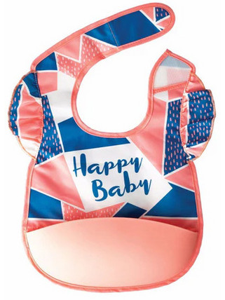 Tiny Twinkle Happy Baby Αδιάβροχη Σαλιάρα Υφασμάτινη με Αυτοκόλλητο & Τσέπη 6m+ Μπλε Σομόν