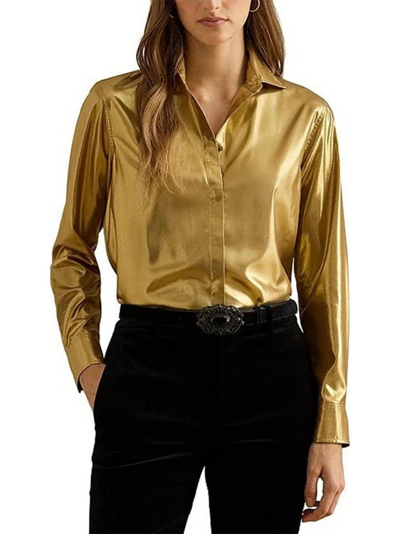 Lauren Ralph Lauren Kristy Μακρυμάνικο Γυναικείο Πουκάμισο Πολυεστέρα Mονόχρωμο Χρυσό SHIRT200979902001