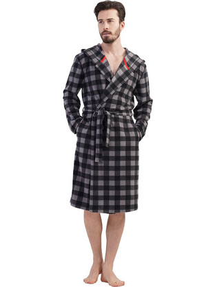 Vienetta Secret Χειμωνιάτικη Ανδρική Ρόμπα Fleece Καρό Μαύρη Γκρι 201058
