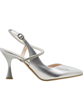 PieDini Γόβες Slingback Δερμάτινες με Λεπτό Ψηλό Τακούνι & Στρας Ασημί 610
