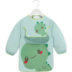 QueenMother Cute Dino Αδιάβροχη Σαλιάρα Ποδιά Υφασμάτινη με Αυτοκόλλητο Τσέπη & Μανίκια 6m+ Πράσινο Mint