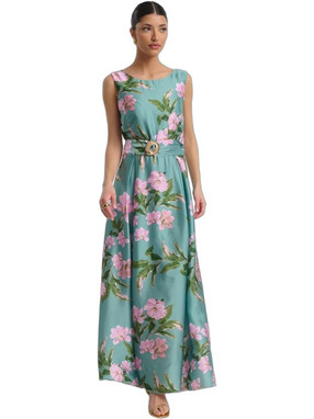 Fibes Fashion Maxi Καλοκαιρινό Φόρεμα για Γάμο / Βάπτιση Floral Σατέν Πράσινο Mint 05-9493