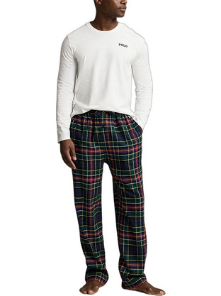 Polo Ralph Lauren Χειμωνιάτικες Ανδρικές Πιτζάμες Βαμβακερές Καρό Navy Μπλε Λευκές 714950621-015
