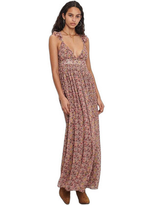Ba & Sh Maxi Καλοκαιρινό Βραδινό Φόρεμα Floral Μεταξωτό Μπεζ 1E22MADI