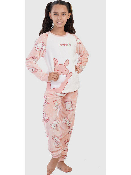 Vienetta Secret Παιδική Πιτζάμα Fleece Χειμωνιάτικη Ροζ Λευκή 304029
