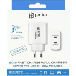 Φορτιστής κινητού Prio 50W Fast Charge Wall Charger 30W PD PPS (USB C) + 20W PD (USB C) White