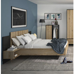 Mimizan Κρεβάτι Μοριοσανίδα Με Δύο Κρεμαστά Κομοδίνα Helvezia Oak / Black (Για Στρώμα 140x200)