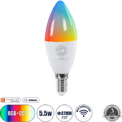 GLOBOSTAR(R) SMARTME 60488 Λάμπα Κεράκι E14 C37 Smart Home WiFi με Λειτουργία μέσω Tuya APP LED 5.5W 550lm 260 AC 220-240V IP20 Πολύχρωμο RGBW+WW Dimmable - Bridgelux Chip - Μ3.7 x Π3.7 x Υ11cm