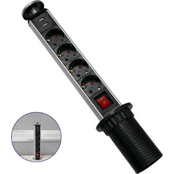 GloboStar(R) 79631 Χωνευτό Πτυσσόμενο Πολύμπριζο με 4 Πρίζες Ασφαλείας EU Σούκο AC 230V Max 4000W & 2 Εξόδους USB DC 5V Max 3A 18W & Ενσωματωμένο Διακόπτη Οn/Off