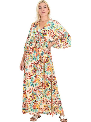 Boho Μάξι Φόρεμα με Ζωνάκι & Πολύχρωμο Μοτίβο Σομόν 26697