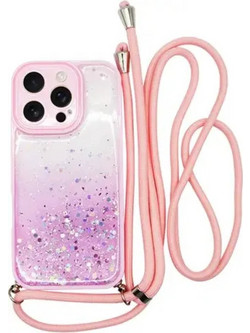 Vivid Bling Glitter with Stars Case and Lanyard Θήκη iPhone 16 Pro Pink