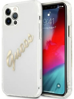 Guess Vintage Script Back Cover Transparent Gold (iPhone 12 Pro Max)