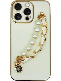 Vivid Silicone Case Pearl Chain Holder Apple iPhone 13 Pro White/Gold