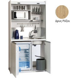 Πολυκουζίνα mini kitchen 105cm OFFICE απόχρωση δρυς ρόζοι με ψυγείο χωρίς φούρνο για ξενώνες, γραφεία & φοιτητικά studio