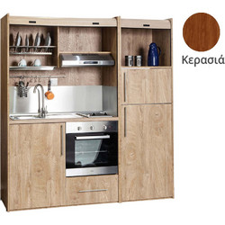 Πολυκουζίνα mini kitchen 190cm με μεγάλο ψυγείο & μεγάλο φούρνο απόχρωση κερασιάς για γραφεία, studios & καταλύματα airbnb