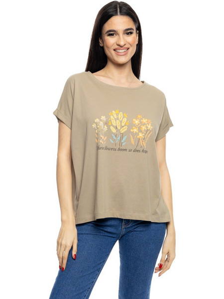 B&apos, Γυναικείο t-shirt με τύπωμα &apos,&apos,FLOWERS&apos,&apos, 53-106-015 055 KHAKI