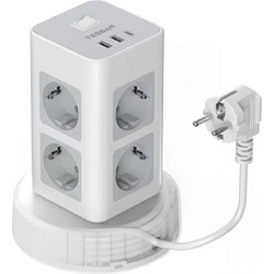 TESSAN 11 IN 1 TOWER SURGE PROTECTOR 8xSCHUKO, 2xUSB, 1xTYPE-C, 2M RETRACTABLE CABLE