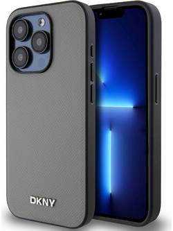 DKNY PU Leather Silver Metal Logo Magsafe Case for iPhone 14 Pro Grey - (DKHMP14LPGHLMS)