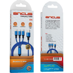 Καλώδιο Φόρτισης Ancus Flow Plus E54 USB 3 σε 1 Micro-USB, USB-C, Lightning 2.0A με Braided Καλώδιο Μπλε 1m